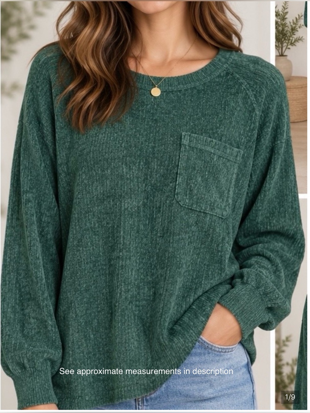Zenana Outfitters Forest Green Crew Neck Pocket Sweater NWOT